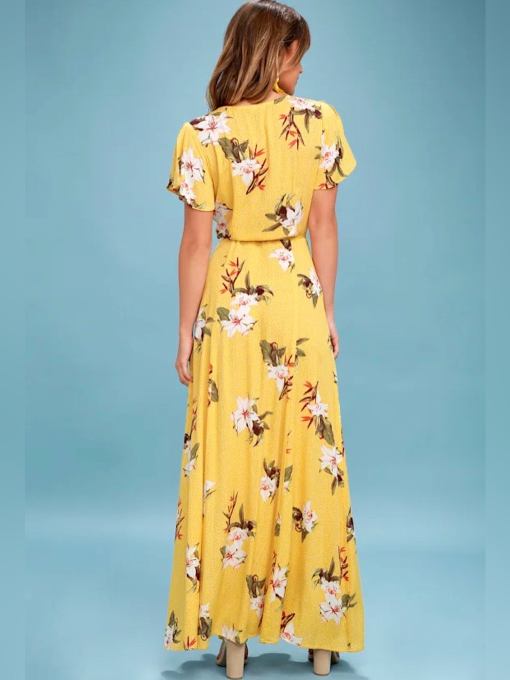 Lulus Heart of Marigold Yellow Floral Wrap Maxi Dress Medium - Picture 4 of 10